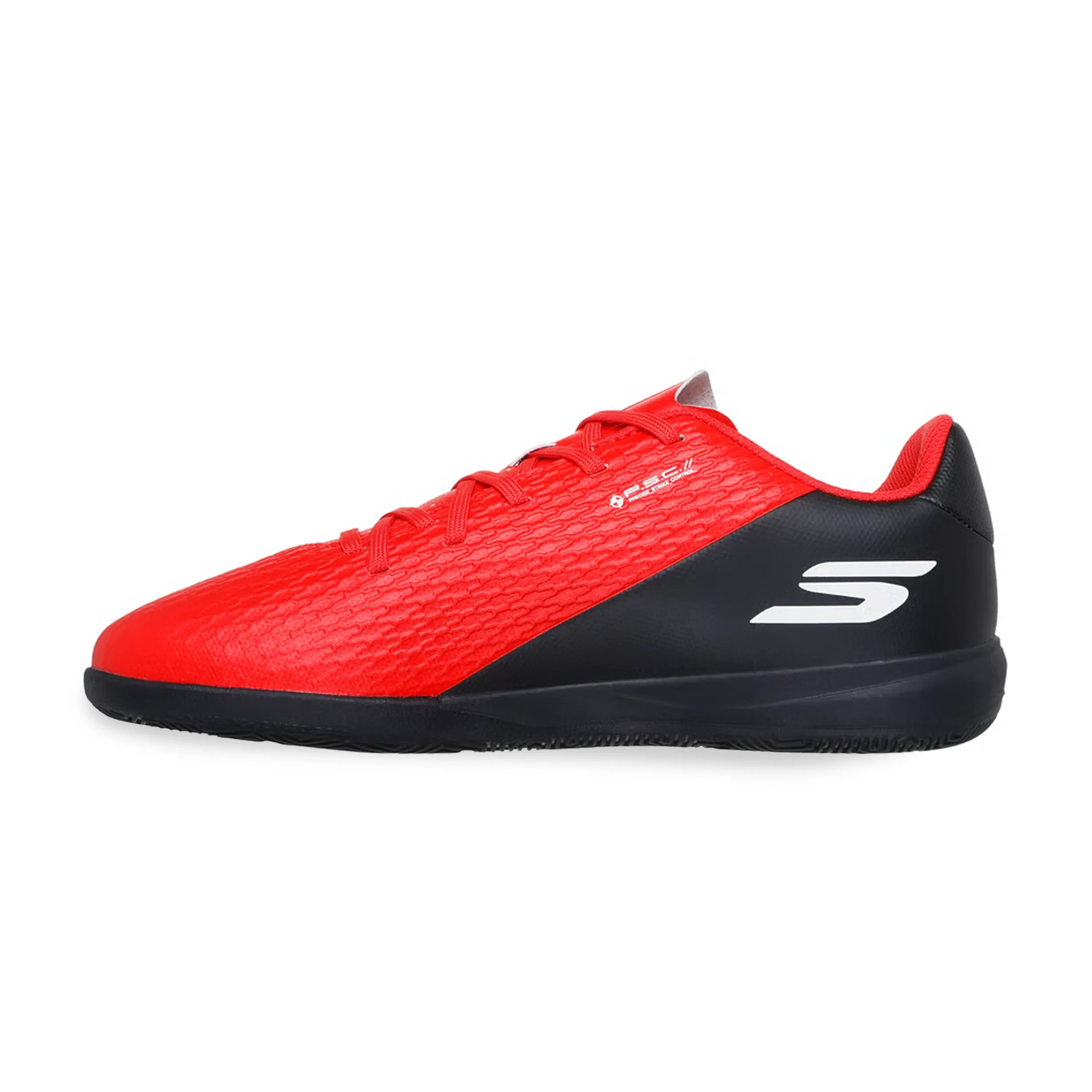 Chuteira indoor juvenil Skechers vermelho e preto vista lateral direita com logo SKECHERS